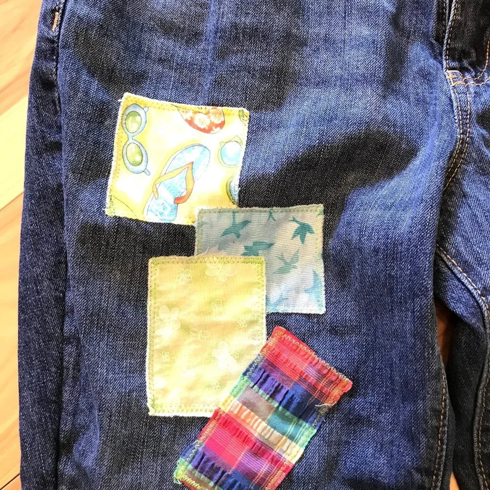 Patchwork Denim Capri Pants, Upcycled Gap Summer Patch Cropped Jeans 30 Waist